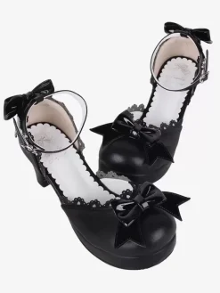 Sandales gothiques Lolita avec n艙uds à bout ouvert en cuir PU chaussures d'été noires Lolita