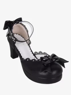 Sandales gothiques Lolita avec n艙uds à bout ouvert en cuir PU chaussures d'été noires Lolita