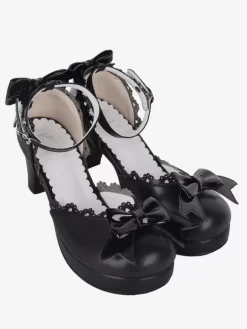 Sandales gothiques Lolita avec n艙uds à bout ouvert en cuir PU chaussures d'été noires Lolita