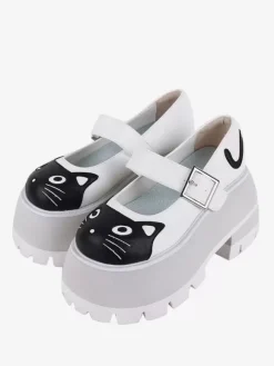 Sandales gothiques Lolita blanches chaussures d'été en cuir PU à imprimé animal et bout rond