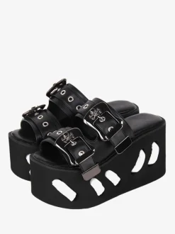 Sandales Gothiques Lolita À Bout Rond Steam Punk Chaussures D'été Compensées Lolita Noires