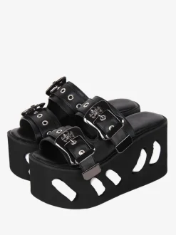Sandales Gothiques Lolita À Bout Rond Steam Punk Chaussures D'été Compensées Lolita Noires