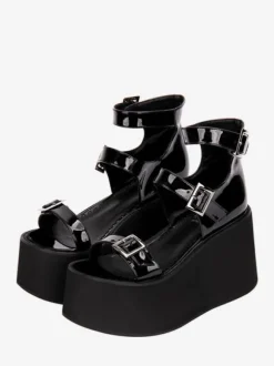 Sandales gothiques Lolita à bout rond en cuir verni supérieur Chaussures d'été Lolita noires
