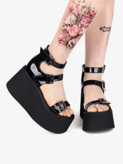 Sandales gothiques Lolita à bout rond en cuir verni supérieur Chaussures d'été Lolita noires