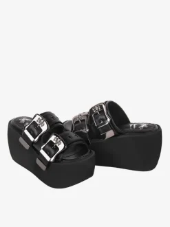 Sandales gothiques Lolita à bout rond en cuir PU Chaussures Compensées d'été Lolita noires Steam Punk