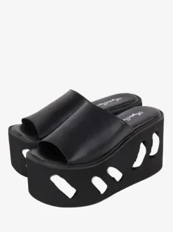 Sandales gothiques Lolita à bout rond en cuir PU Chaussures d'été Lolita noires
