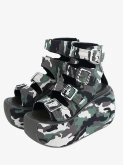 Sandales gothiques Lolita Chaussures d'été Lolita à bout rond en textile vert chasseur