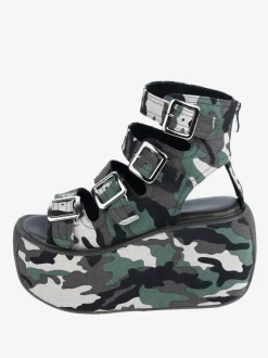 Sandales gothiques Lolita Chaussures d'été Lolita à bout rond en textile vert chasseur