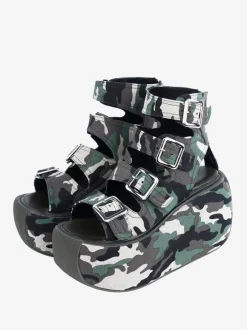 Sandales gothiques Lolita Chaussures d'été Lolita à bout rond en textile vert chasseur