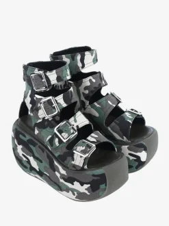 Sandales gothiques Lolita Chaussures d'été Lolita à bout rond en textile vert chasseur