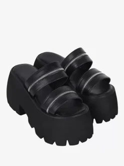 Sandales gothiques Lolita détails en métal noir cuir PU métallisé chaussures d'été Lolita à bout ouvert