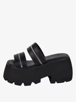 Sandales gothiques Lolita détails en métal noir cuir PU métallisé chaussures d'été Lolita à bout ouvert