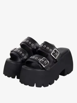 Sandales gothiques Lolita détails en métal noir cuir PU métallisé chaussures d'été Lolita à bout ouvert