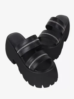 Sandales gothiques Lolita détails en métal noir cuir PU métallisé chaussures d'été Lolita à bout ouvert