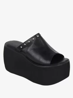 Sandales gothiques Lolita à rivets bout ouvert imprimé floral cuir PU chaussures d'été noires Lolita