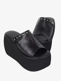 Sandales gothiques Lolita à rivets bout ouvert imprimé floral cuir PU chaussures d'été noires Lolita