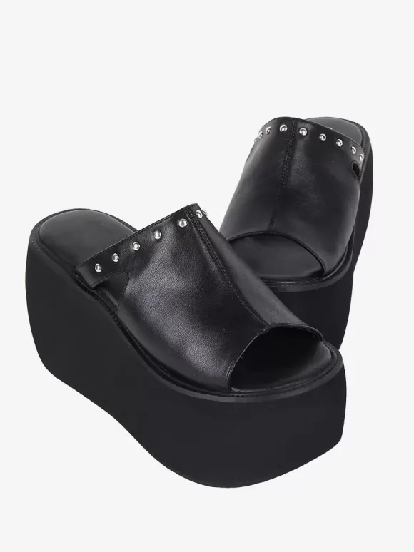 Sandales gothiques Lolita à rivets bout ouvert imprimé floral cuir PU chaussures d'été noires Lolita