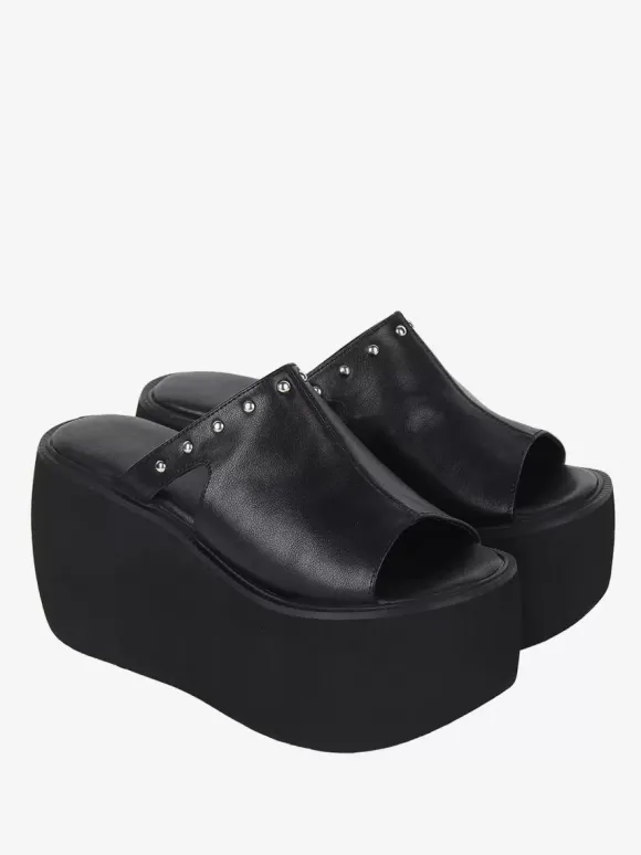 Sandales gothiques Lolita à rivets bout ouvert imprimé floral cuir PU chaussures d'été noires Lolita