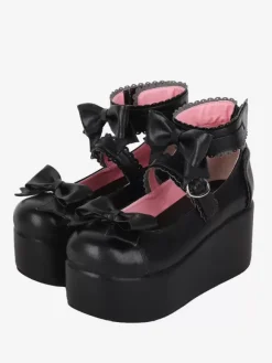 Sandales Lolita douces bout rond motif papillon cuir PU chaussures d'été noires Lolita
