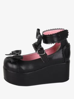 Sandales Lolita douces bout rond motif papillon cuir PU chaussures d'été noires Lolita