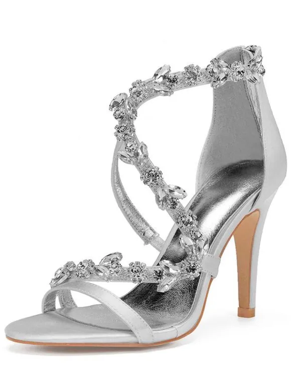 Sandales mariée ivoire en satin talon haut décoré des diamants artificiels