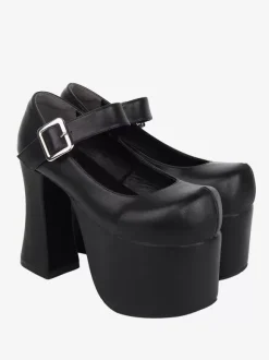 Sandales mignonne Lolita avec 艙illets bout rond cuir PU métallique chaussures d'été noires Lolita