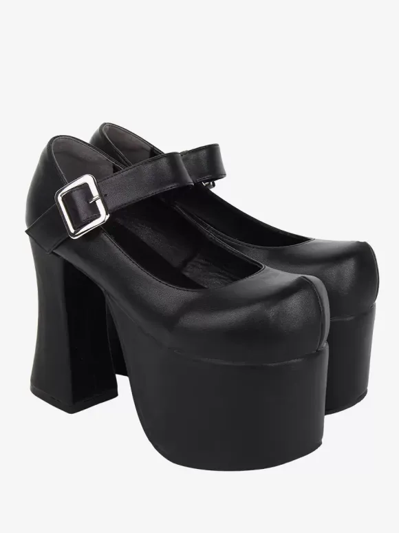 Sandales mignonne Lolita avec 艙illets bout rond cuir PU métallique chaussures d'été noires Lolita