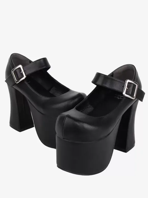 Sandales mignonne Lolita avec 艙illets bout rond cuir PU métallique chaussures d'été noires Lolita