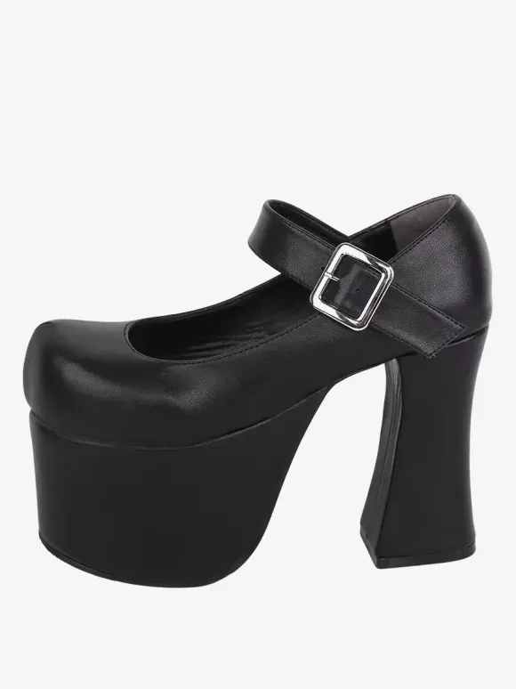 Sandales mignonne Lolita avec 艙illets bout rond cuir PU métallique chaussures d'été noires Lolita