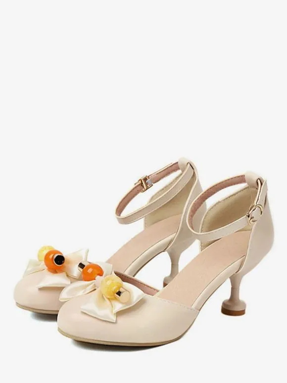 Sandales Mignonne Lolita N艙uds Bout Rond Cuir PU Beige Chaussures D'été Lolita