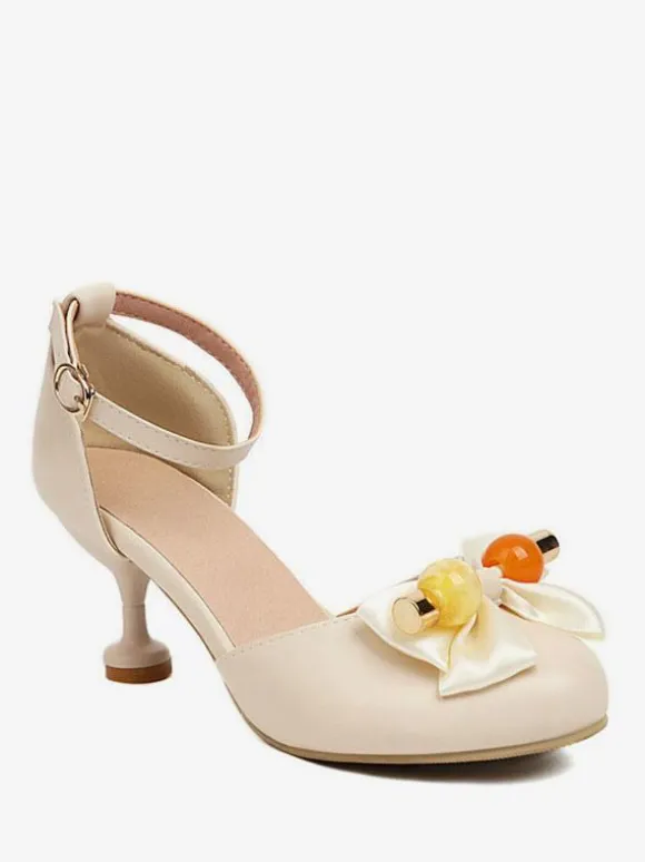 Sandales Mignonne Lolita N艙uds Bout Rond Cuir PU Beige Chaussures D'été Lolita