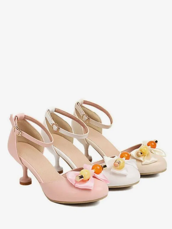 Sandales Mignonne Lolita N艙uds Bout Rond Cuir PU Beige Chaussures D'été Lolita