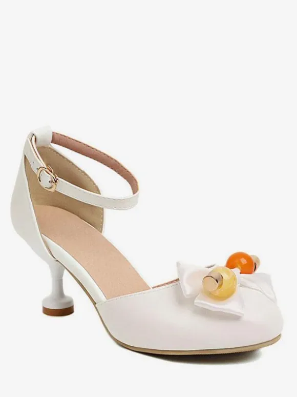 Sandales Mignonne Lolita N艙uds Bout Rond Cuir PU Beige Chaussures D'été Lolita