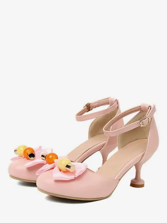 Sandales Mignonne Lolita N艙uds Bout Rond Cuir PU Beige Chaussures D'été Lolita