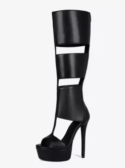 Sandales noires montantes à plateforme et bout ouvert style gladiateur unisexe