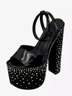 Sandales noires sexy à plateforme strass bout ouvert et talon compensé