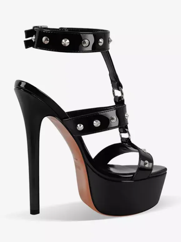 Sandales noires sexy à plateforme et lanières perlées pour femmes