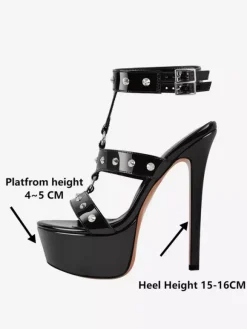 Sandales noires sexy à plateforme et lanières perlées pour femmes