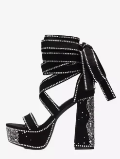 Sandales noires à talons hauts plateforme bout ouvert strass chaussures de fête à lacets
