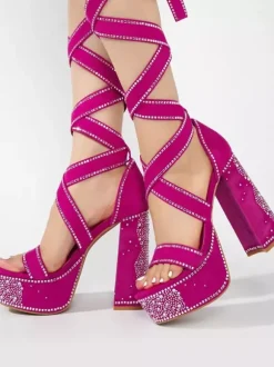 Sandales noires à talons hauts plateforme bout ouvert strass chaussures de fête à lacets