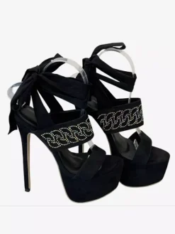Sandales noires à talons hauts plateforme perles lacets chaussures sexy