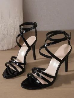 Sandales noires à talons hauts pour femmes bout ouvert à brides chaussures de bal