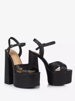 Sandales noires à talons hauts en cuir véritable plateforme bout ouvert talon épais