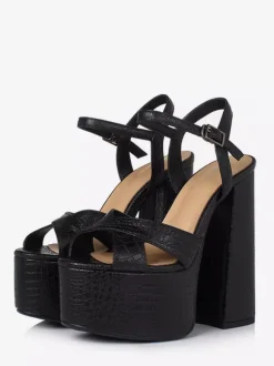 Sandales noires à talons hauts en cuir véritable plateforme bout ouvert talon épais