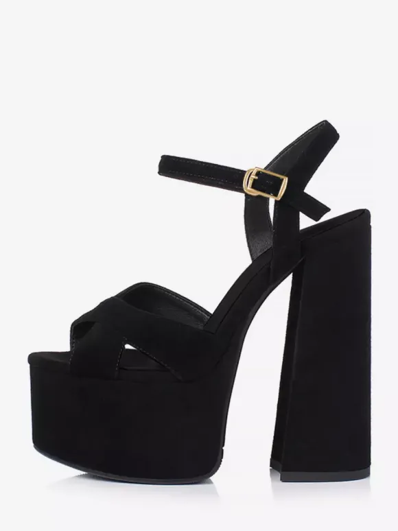 Sandales sexy noires en daim à plateforme et bout ouvert avec boucle et talon épais