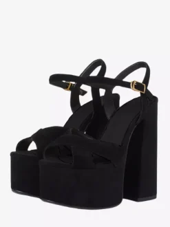 Sandales sexy noires en daim à plateforme et bout ouvert avec boucle et talon épais