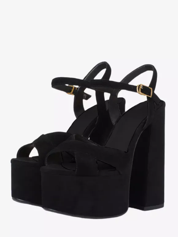 Sandales sexy noires en daim à plateforme et bout ouvert avec boucle et talon épais