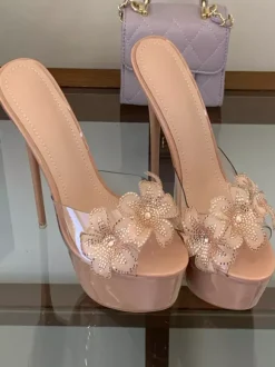 Sandales sexy nude à plateforme bout ouvert détails floraux sans talon pantoufles