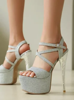Sandales sexy à paillettes plateforme bout ouvert talons hauts croisés