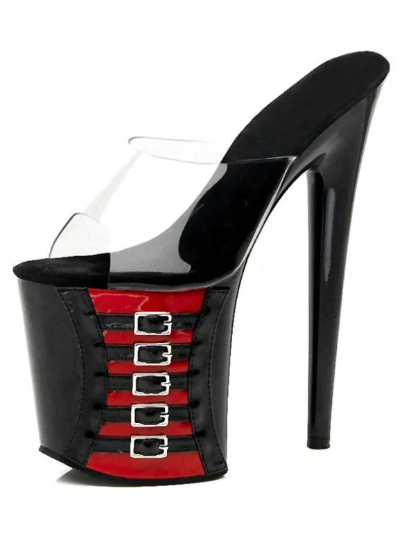 Sandales sexy pour femme rouge PVC supérieur bout ouvert talon aiguille ciel mules à talons hauts